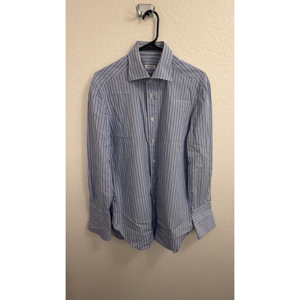 Kiton Napoli Men Blue White Striped Dress Shirt 16 41 Spread Collar French Cuffs